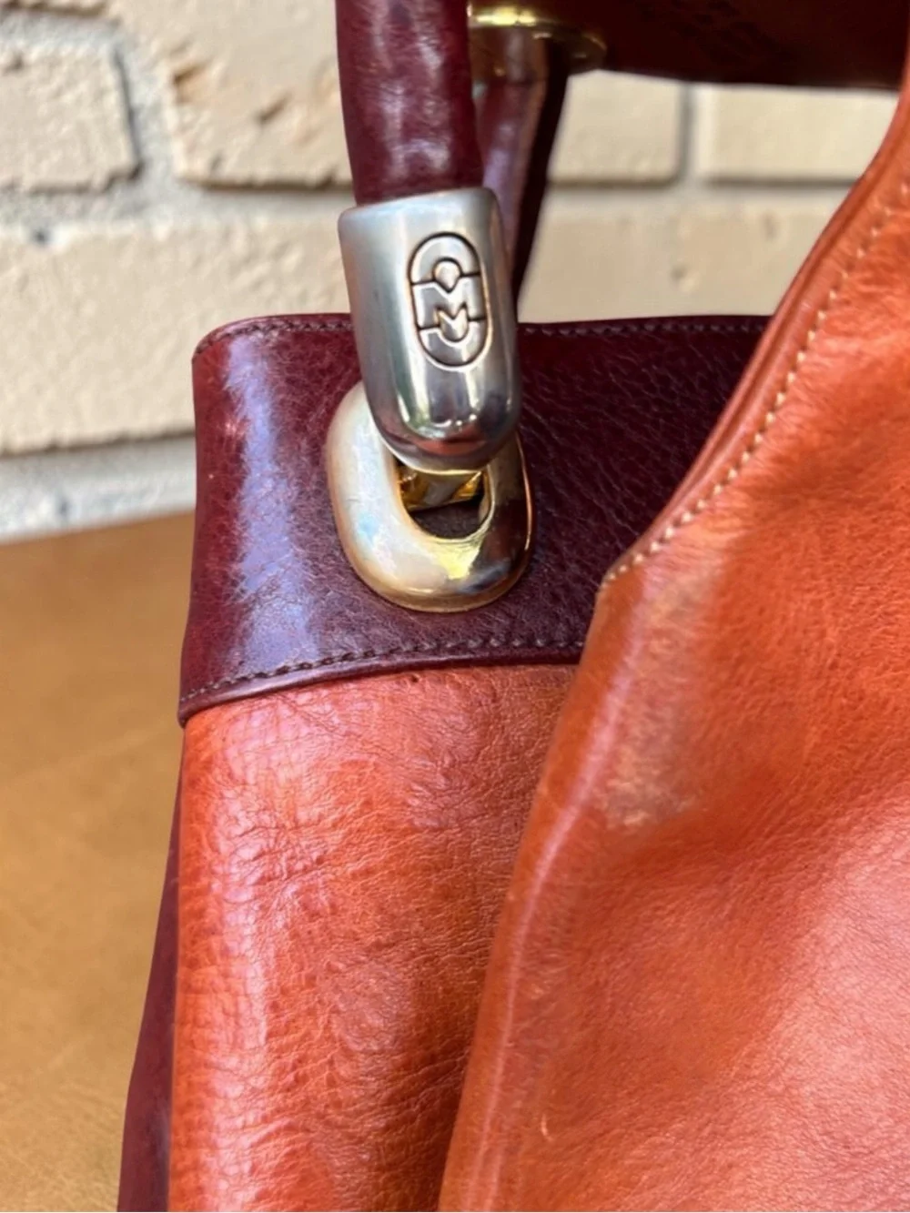 Marino Orlandi Two-Tone Tan & Dark Brown Leather Satchel